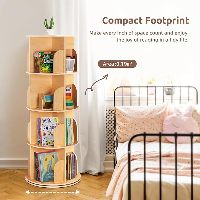 OOOK Rotating Bookshelf for Kids & Adults, Spinning Bookshelf Tower with Large Capacity for Small Space, 360° Display 4 Tier Floor Small Round Corner Shelf for Library, Bedroom, Living Room, Office