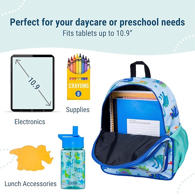 Wildkin 12-inch Kids Backpack – Padded, Adjustable, Ideal for Daycare & Travel - Dinosaur Land