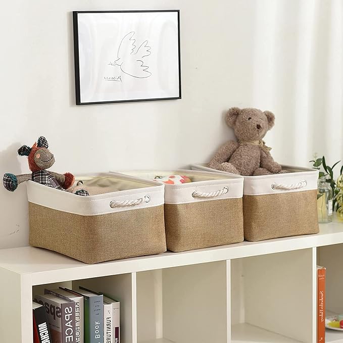 Rectangular Fabric Storage Baskets for Organizing, Shelves, Decorative & Gift (White & Peru)