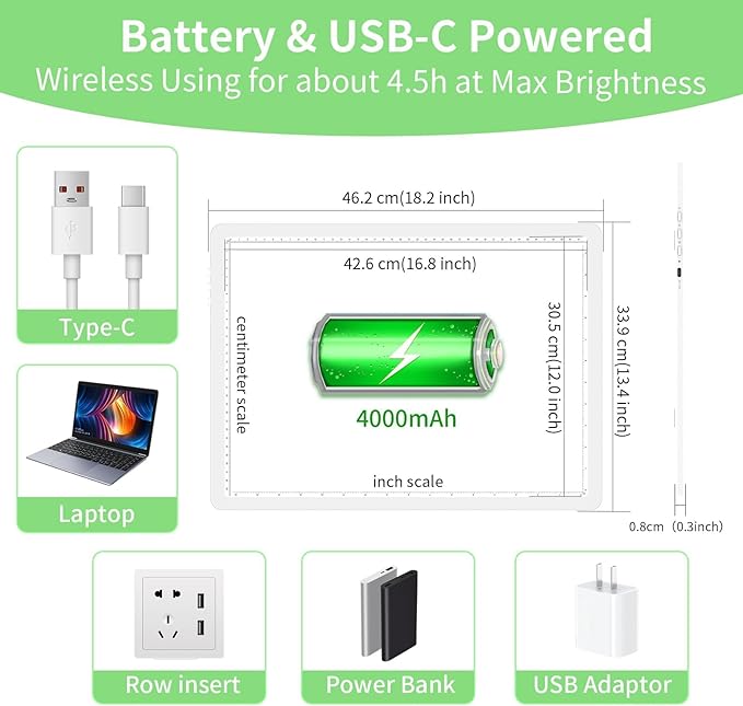 KOBAIBAN A3 Magnetic Light Box for Tracing, Rechargeable Diamond Art Light Board with Side Physical Buttons, 3 Color Light Modes Super Bright Light Pad for Diamond Painting, Weeding Vinyl (White)