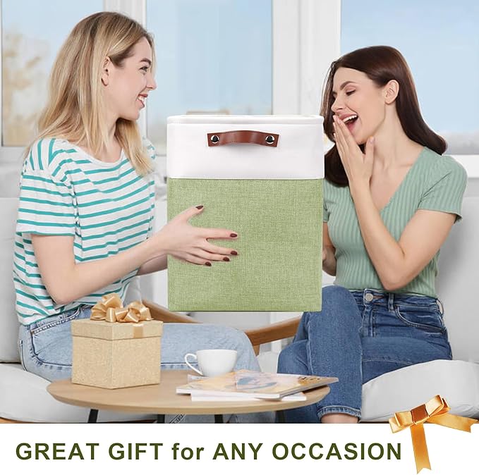 Large Fabric Storage Baskets | 50L Storage Bins, Decorative Linen Closet Baskets with Handles for Organizing, Shelf, Toys, Clothes, Home, Office, Nursery, 17x12x15Inches (Green&White)