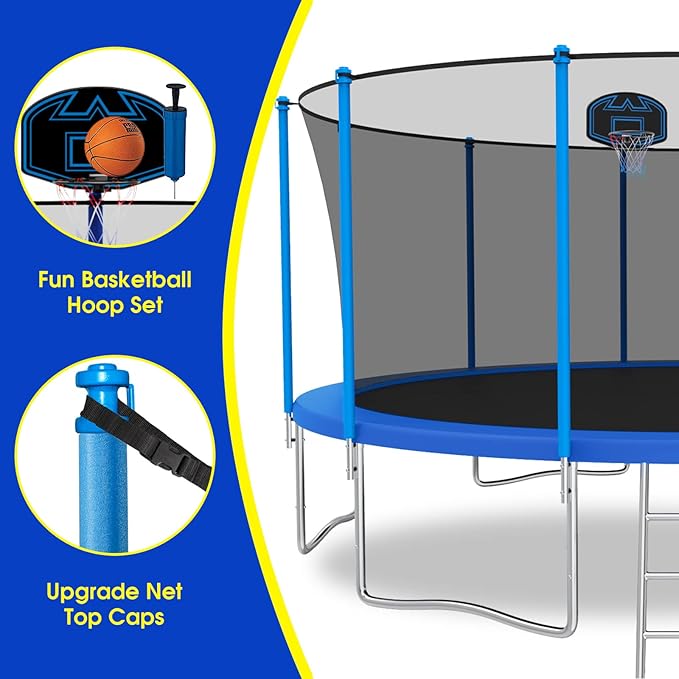 SKYUP Tranpoline 1500LBS 16 15 14 12 10 8 FT Tranpoline for 7-10 Kids and Adults, Windproof Outdoor Tranpoline with Enclosure Net, Basketball Hoop, Easy to Install & Last Long - ASTM Approved