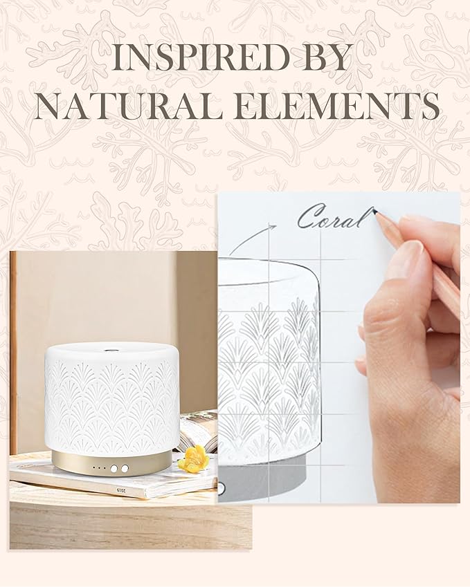 Ceramic Essential Oil Diffuser 280ml- Aromatherapy Diffuser with Ultrasonic Cool Mist Humidifier, Night Light, Timer, Auto Shut-Off, Large Room Aroma Diffuser for Home, Bedroom, Office, Yoga