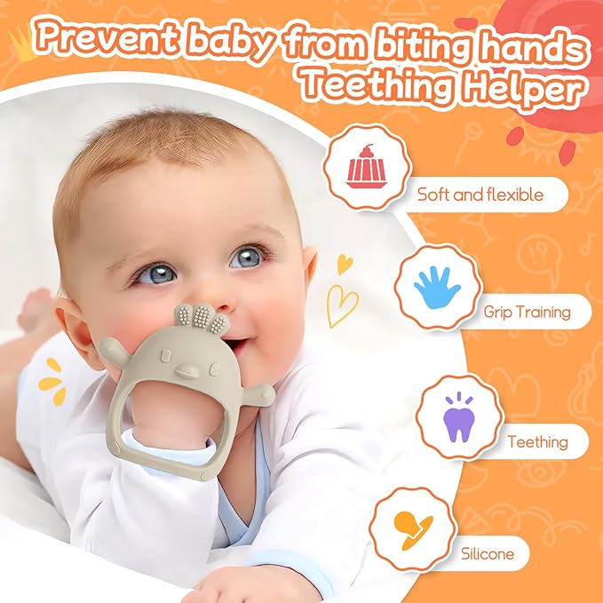 5 Packs Baby Teething Toys for Babies Over 3 Months, Food Grade Silicone Teething Mitten, Anti Dropping Wrist Hand Teethers Baby Chew Toys for Sucking Needs, BPA Free (Caramel)