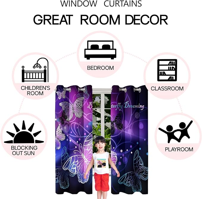 Butterfly Window Curtain Panels Purple Blackout Girls Curtains for Bedroom 2 Panels Curtains 84 inch Length for Girls Bedroom Nursery Room Grommet Top Thermal Insulated Curtains, 82" x 84"