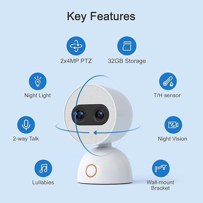 Simsky Smart Baby Monitor with 2×4MP Camera, 6X Optical Quality Zoom, 32GB Local Storage, AI Tracking, Intelligence Detection, Pan-Tilt-Zoom, Add-on Camera Monitor