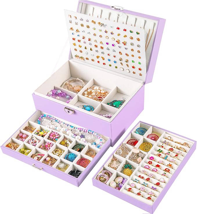 Earrings Jewelry Box for Girls, 5 Layers Jewelry Organizer with Earring Holder Organizer for Girls Earring Organizer Jewelry Boxes for Women Earrings and Necklaces Jewelry Box Organizer Violet