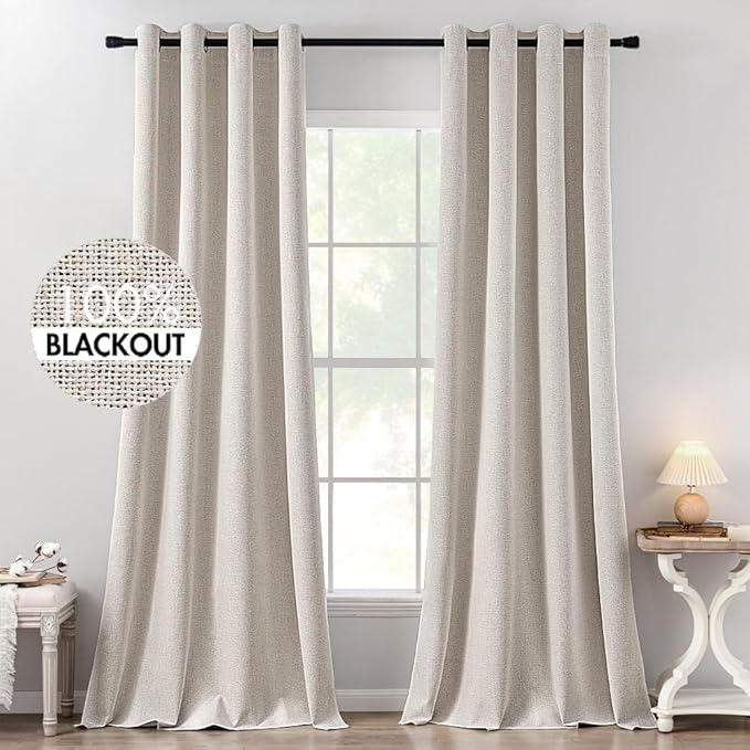 MIULEE 100% Blackout Linen Textured Curtains for Bedroom Solid Thermal Insulated Ivory Grommet Room Darkening Curtains & Drapes Luxury Decor for Living Room Nursery 52 x 120 Inch (2 Panels)