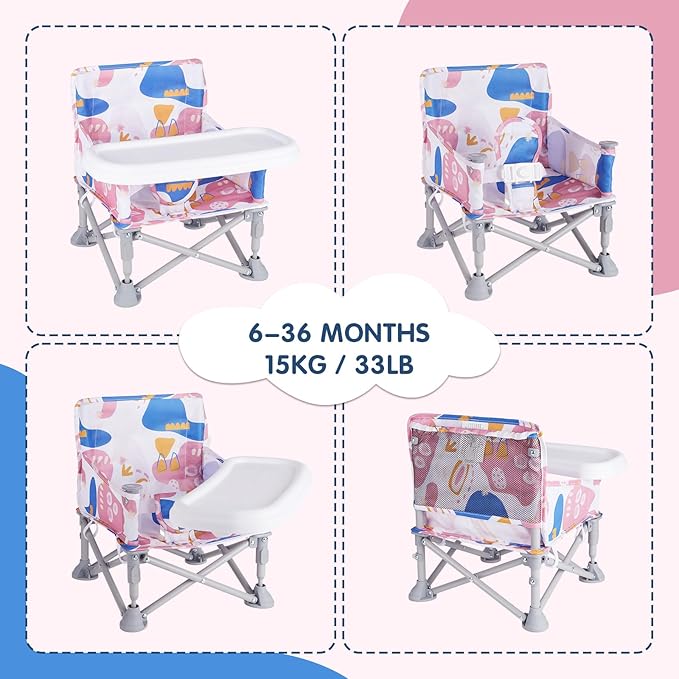 Portable Booster Seat, Toddler Baby Seat with Tray for Dining Table Compact Floor Chair for Camping Lawn Beach Babies Travel 6-36 Months
