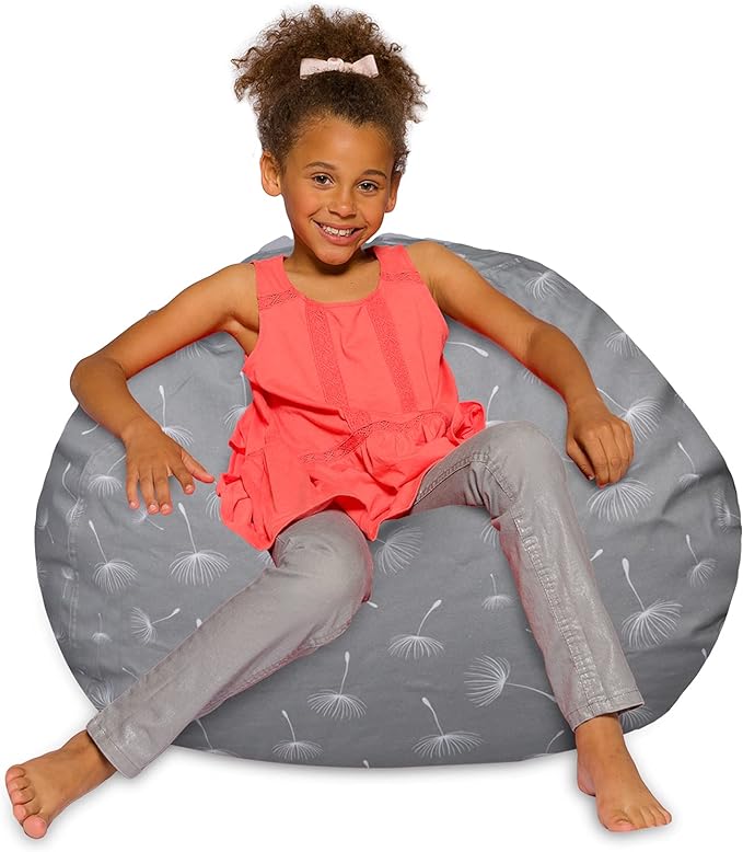 Posh Creations Bean Bag Chair for Kids, Teens, and Adults Includes Removable and Machine Washable Cover, Canvas White Dandelions on Gray, 38in - Large