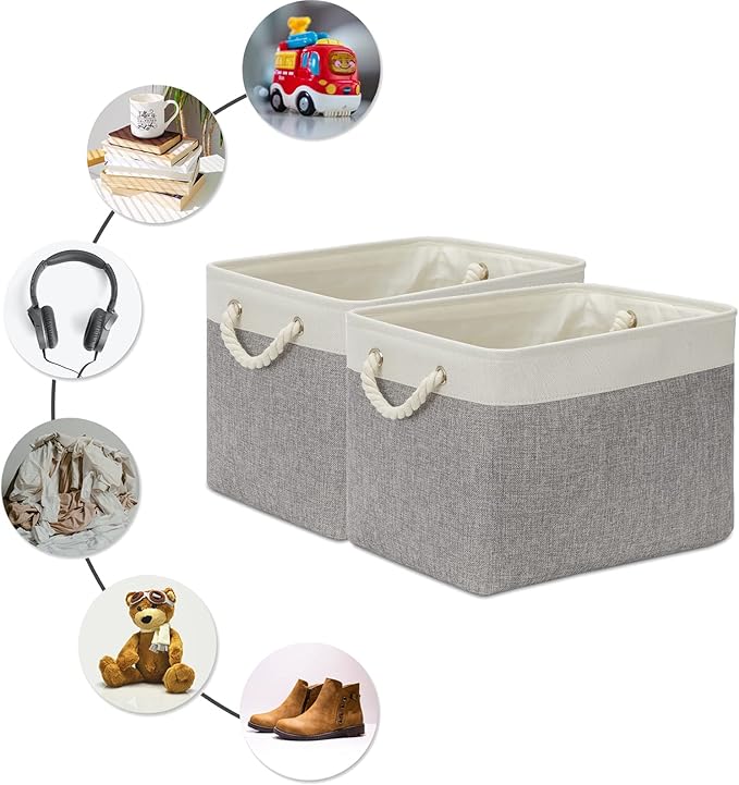 DULLEMELO Storage Baskets for Organizing 16x12x12 Large Fabric Storage Bins Baskets Set of 2 Collapsible Decorative Storage Boxes for Shelves Closets Nursery Toy Clothes (White And Grey)