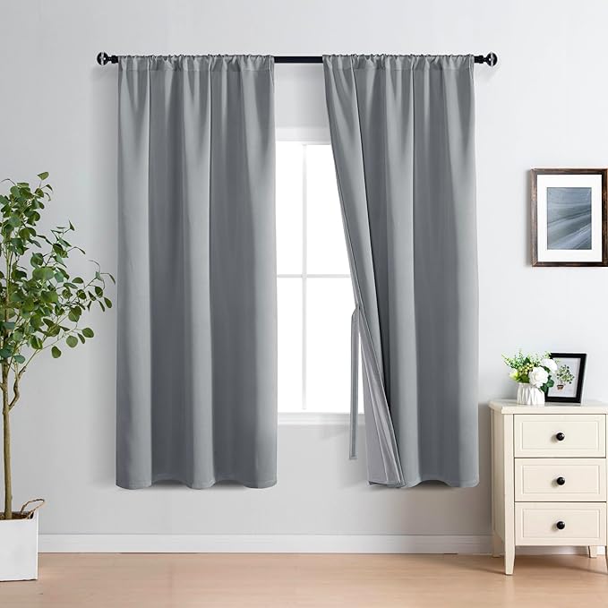 XWZO 100% Blackout Curtain Panels - Rod Pocket Thermal Insulated Black Liner Curtains, Noise Reducing Heat Blocking Drapes for Hall and Studio Windows with Tiebacks, Grey, W42 x L63, Set of 2