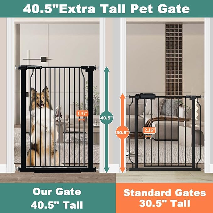40.5" Extra Tall Baby Gate for Doorway, 72.3"-74.1" Extra Wide Long Pet Gate, No Drill Pet Safety Barrier Metal, Pressure Mounted Safety Child Gate for Stairs Walk Thru Kids or Pet Black