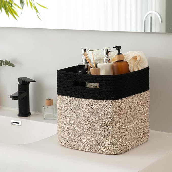 OIAHOMY Cube Storage Basket, 3-Pack Woven Cotton Rope Baskets for Storage, 11-Inch Cube Basket with Handles, Great for Shelves, Closets, Children's Toy Storage and Organization-Black & Brown
