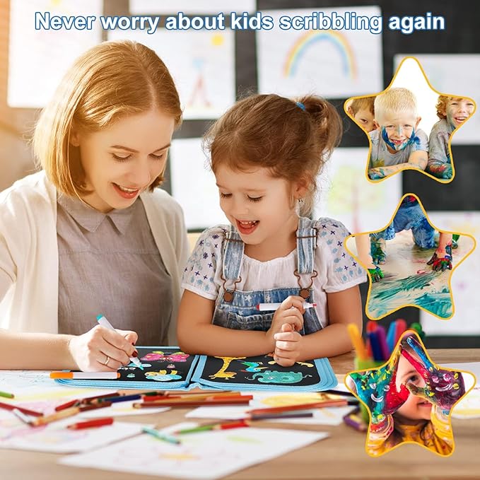 Erasable Doodle Set for Kids - Reusable Magic Drawing Book with 12 Watercolor Pens 14 Page Drawing, Road Trip Car Game Writing Painting Set for Boys and Girls (Blue Zoo)