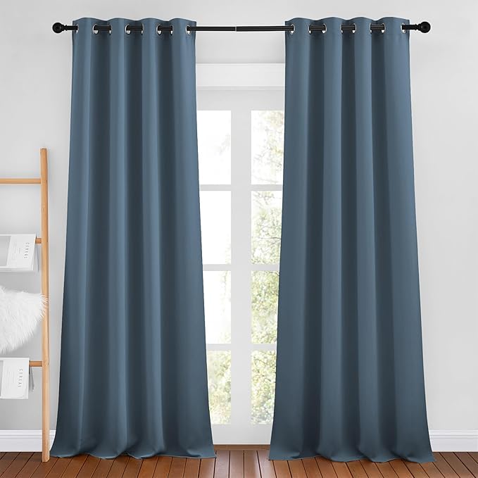 NICETOWN Smoky Blue Blackout Curtains 102 inches Long, Grommet Thermal Insulated Solid Room Darkening Window Treatments Sound Reducing for Living Room, W46 x L102, Set of 2