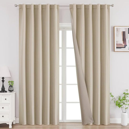 Joydeco 90 Inch Blackout Curtains for Bedroom, Thermal Insulated Black Out Curtains 2 Panels Set, Room Darkening Drapes for Living Room Window Rod Pocket Back Tab (W37 x L90 Inch, Light Beige)
