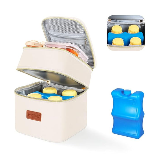 PIIOSER Breast Milk Storage Cooler Bag with Ice Pack, Fits 4 Baby Bottles Up to 5 Ounce, Small Insulated Breastmilk Cooler Travel Bag with Handle Buckle for Nursing & Working Mom Daycare (Cream-XS-1