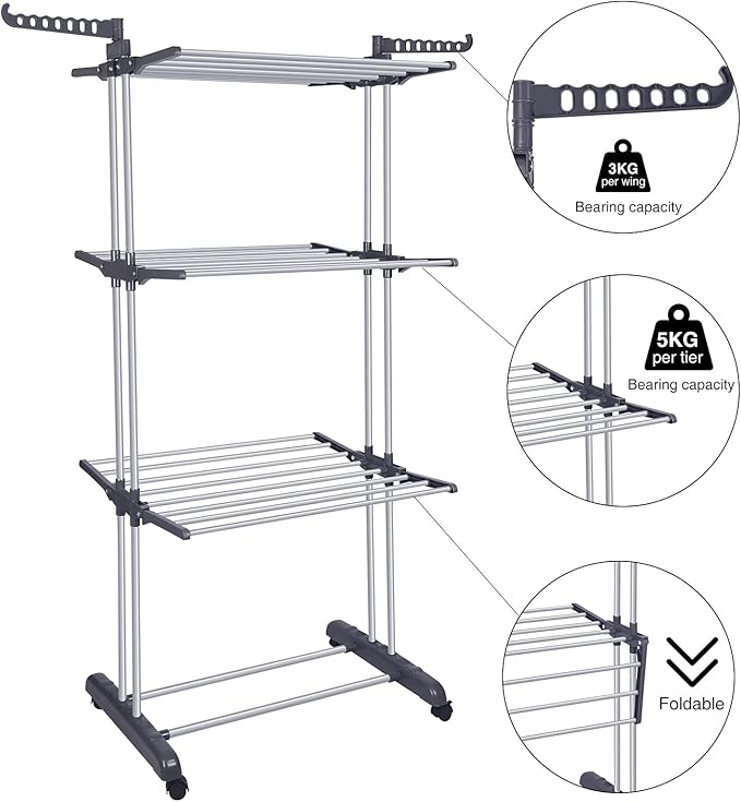 Bigzzia Clothes Drying Rack Folding Drying Rack Clothing 4 Tier Clothes Horses Rack Stainless Steel Laundry Drying Rack with Two Side Wings Grey