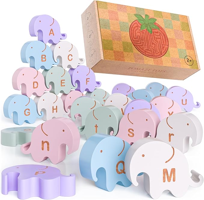 Montessori Natural Wooden Alphabet Elephants - 26-Piece Snap-Together ABC Learning Toy with Upper & Lowercase Letters - Educational Fine Motor Skills & Vocabulary Building for Toddlers & Kids Ages 3+