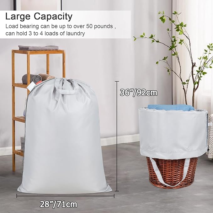 Polecasa Heavy Duty Large Laundry Bag with 130gsm Tear Resistant Fabric and Handles, Easy to Carry Durable Dirty Clothes Drawstring Bag, Perfect for College Dorm, Travel, 2 Pack 28”x36”, Silver