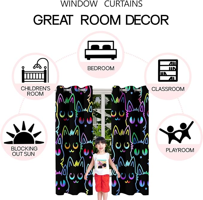 Cat Blackout Curtains for Girls - 2Pcs Cute Cartoon Cat Patterns Curtain Panels for Girls Bedroom Lovely Cats Drapes Darkening Window Curtain for Living Room Bedroom, 82" x 84"