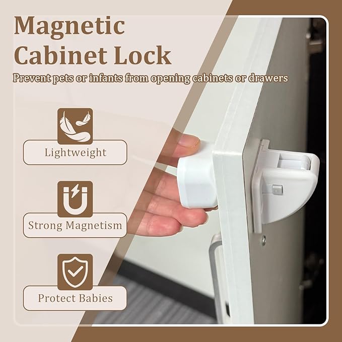 Magnetic Cabinet Locks for Baby Safety, Children Proof Cupboard Drawers Latches, Safe & Easy Install, Multi-Purpose Adhesive No Need for Screws or Tools(12 locks and 2 Keys)