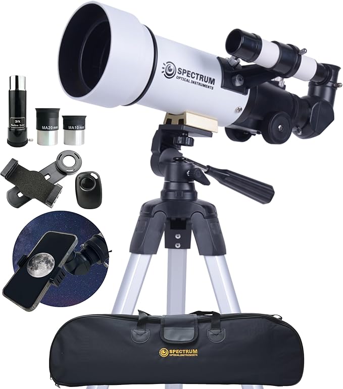 SpectrumOI TourStar 70 AZ Telescope for Adults Astronomy Gifts, Travel Telescope for Camping - Premium Refractor 70mm Aperture with Carry Bag and Phone Holder White Color