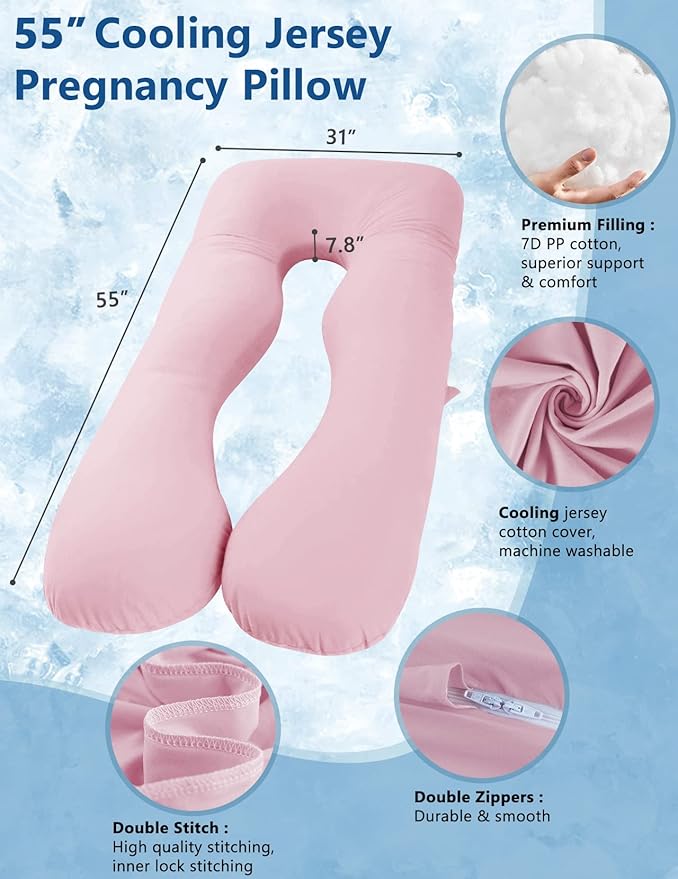 Meiz Pregnancy Pillows, Pregnancy Pillows for Sleeping, Pregnancy Body Pillow Cooling, Maternity Pillow for Pregnant Woman with Cooling Jersey Cover, Pink