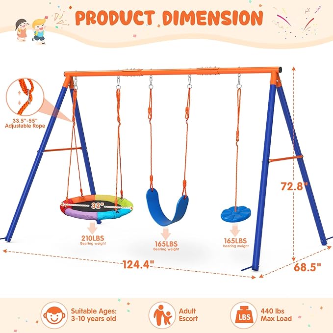 Swing Sets for Backyard, Outdoor Toys for Kids, Heavy Duty Metal A-Frame Swing Set Holds 440 lbs with 32" Saucer Seat, 26.2" Seat and Tree Disc