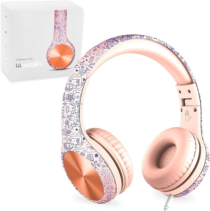 LilGadgets Connect+ Pro Wired Kids Headphones for School w/Microphone, Volume & Noise Reduction Over-Ear Headset w/Cord, SharePort Technology & SoftTouch Padding, Girl Power - Headphones for Kids