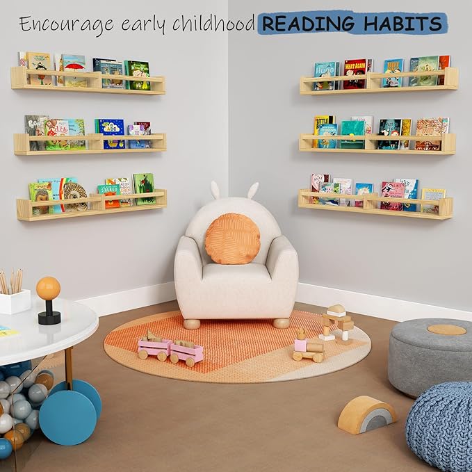 Floating Nursery Book Shelves for Wall, 32 Inch Long Bookshelf for Kids Room, Wooden Large Wall Shelf with Hanging Rod for Baby Toddler Child Bedroom (3-Pack, Natural Wood)