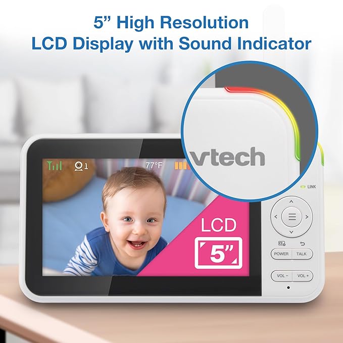 VTech Video Baby Monitor with 3 Cameras, 5" LCD Screen, Up to 17Hrs Video & 31Hrs Audio Battery Life, Night Vision, 1000ft Range, Pan-Tilt-Zoom, Lullabies, Soothing Sounds, Temperature Sensor, VM924-3
