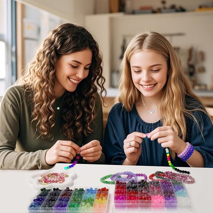 JULIMAIDONG 8mm Glass Beads for Bracelets 2100pcs, 48 Colors Round Crystal Glass Bracelet Making Kit for Jewelry Making Kits Bead DIY Crafts with Spacer Charms Accessories (48Color(Solid+Printing)