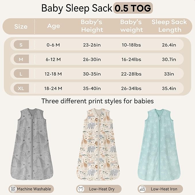 Baby Sleep Sack 18-24 Months 0.5 Tog Wearable Blanket Baby, 3 Pack 100% Cotton Lightweight Sleeping Sack with 2-Way Zipper for Infant Toddler Apricot Gray Green Elephant