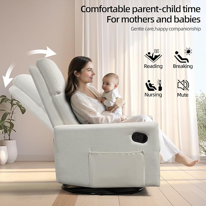 Swivel Rocker Recliner Chair, Upholstered Fabric Nursery Rocking Glider Chair with Adjustable Backrest and Footrest, Lay Flat Recliner Single Lazy Sofa for Living Room(Beige)