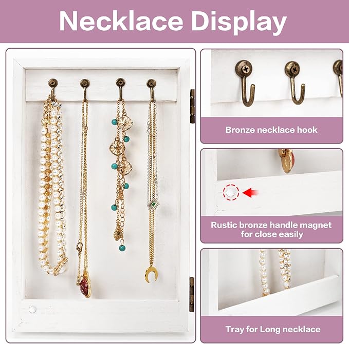 Meangood Jewelry Box Wood for Wowen, 5-Layer Large Organizer Box with Mirror & 4 Drawers for Rings, Earrings, Necklaces, White