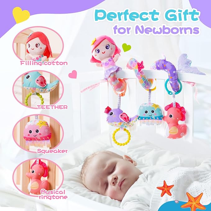 Koty Carseat Toys Hanging, Pink Mermaid Stroller Toys for Babies 0-6 Months, Baby Car Seat Toy with Crinkle, Teether, Music Box, Rattle, BB Squeaker for Babies Boys Girls Gifts (Pink Mermaid)