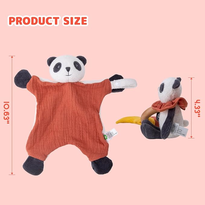 Organic Cotton Stuffed Animal Rattle Baby Toys, Organic Panda Cuddle Cloth & Organic Panda Activity Ring Plush Toy Set for Newborns Infant Boys Girls, 2 PCS