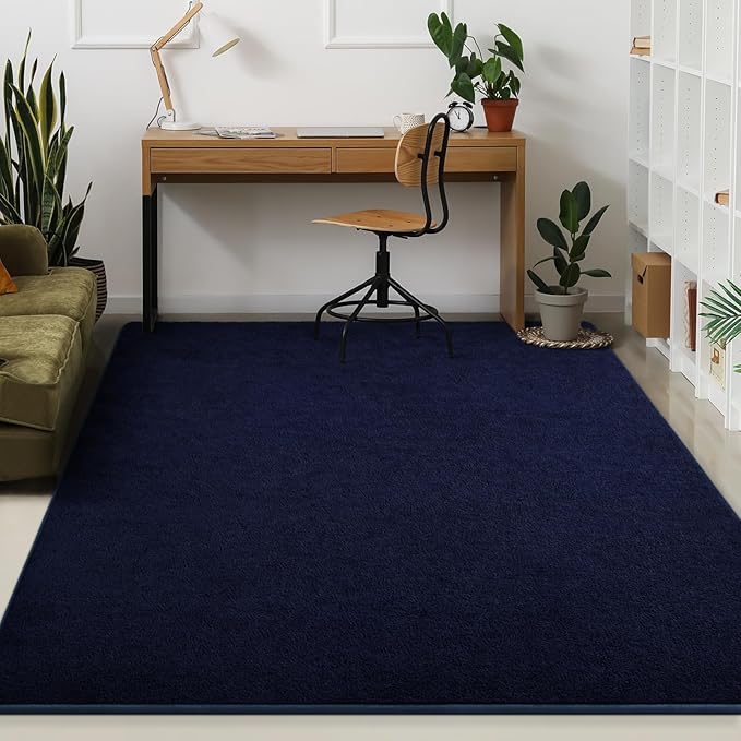Kimicole 4x6 Washable Area Rugs for Bedroom Living Room, Low Pile Ulta-Thin Solid Color Rug, Non-Slip Soft Fluffy Carpet for Nursery Kids Room Dorm Room Home Decor (Navy Blue)