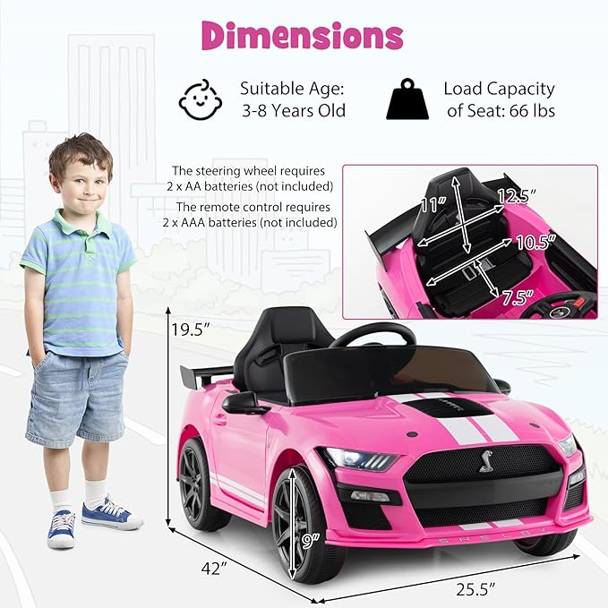 Costzon Ride on Car, 12V Licensed Ford Mustang Shelby GT500 Kids' Electric Vehicles w/Remote Control, USB Port, Radio, Music, Player, High Low Speed & Soft Start, Racing Kids Car for Toddlers (Pink)