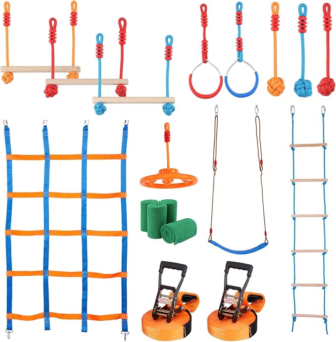 VEVOR Warrior Obstacle Course for Kids, 56FT Slackline with Gym Rings, Monkey Bars, Rope Knots, Portable Outdoor Course Training Equipment Set for Backyard