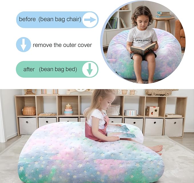 COMAX Kids Bean Bag Chair Turn into Beanbag Bed, Unicorn Toddler Bean Chair for Girl Boy Sleeping, Lazy Children Sofa Couch with Filler, Convertible Child Floor Mattress, Colorful Star