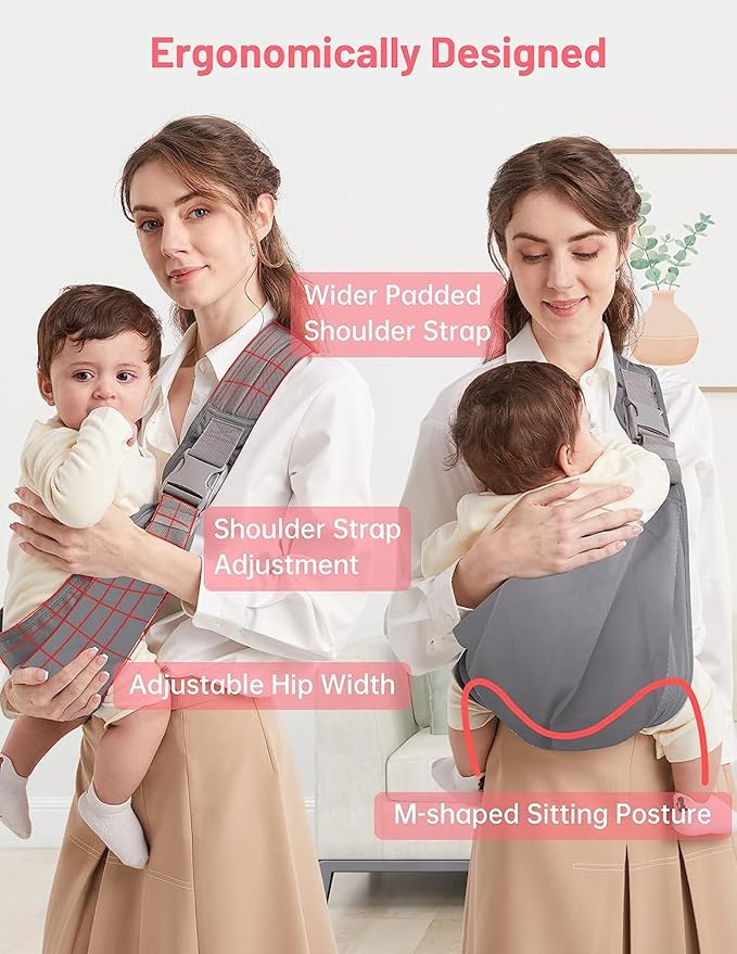 Baby Sling Carrier, Pure Cotton, Ergonomically Adjustable Baby Carrier Newborn to Toddler, Easy to Use, Portable, Ideal for 0-36 Months, Up to 33 lbs (Grey)