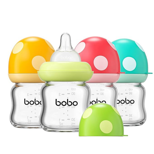 YOHKOH Natural Glass Baby Bottle with Natural Response Nipple, Newborn Anti-Colic Baby Bottles, Wide Neck Mushroom Cap Baby Bottle, Clear (Multicolour-A, 3.4oz (Pack of 4))
