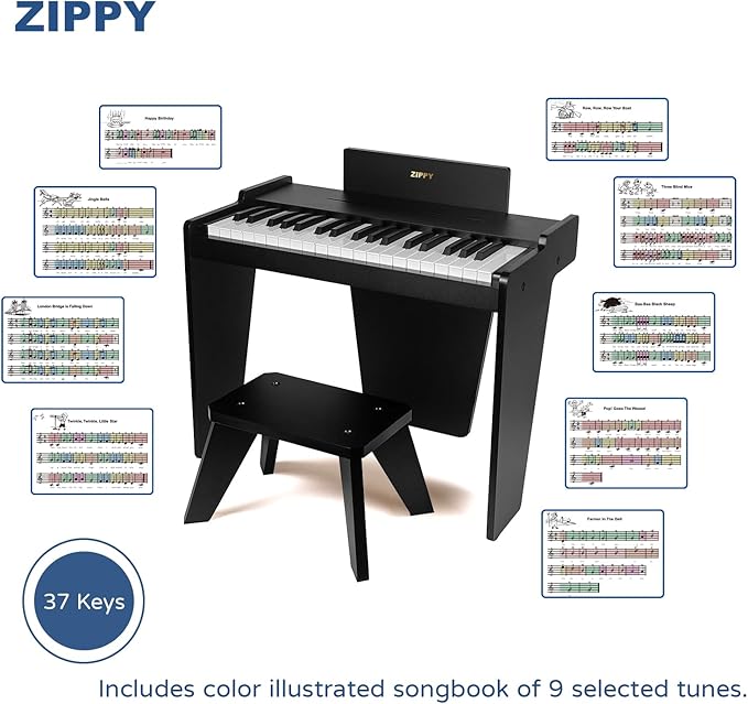 ZIPPY Kids Piano Keyboard, 37 Keys Digital Piano for Kids, Music Educational Instrument Toy, Wood Piano for 3+ Girls and Boys (Black Basic)