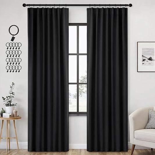 ANRODUO Back Tab Blackout Curtains for Bedroom Living Room, Rod Pocket Pinch Pleated Thermal Insulated Room Darkening Curtains 84 Inches Long 2 Panels, Black, 42 x 84 Inch