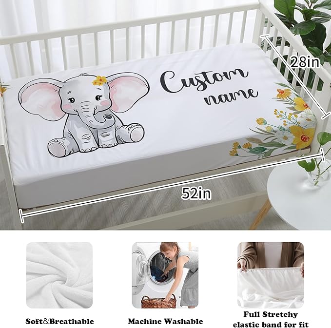 Custom Nursery Crib Bedding Set: 4 Piece Yellow Floral Elephant Design Baby Crib Sets for Girls with Personalized Name - Toddler Double Layer Blanket Set, Comfortable Crib Bed Sheets for Baby Toddlers