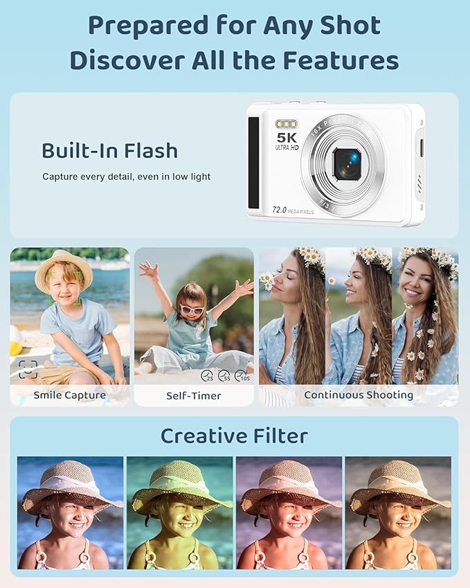 5K Digital Camera - 72MP UHD Digital Cameras for Photography - Autofocus Point and Shoot Small Camera with Flash for Kids - 2.8 Inch Screen Compact Portable Vlogging Camara with 16X Zoom, 32GB SD Card