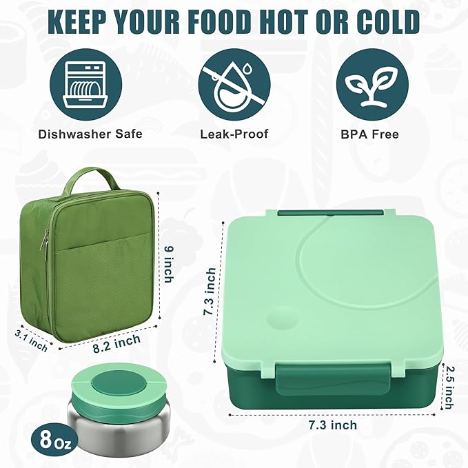 Bento Lunch Box for Kids with 8oz Soup Thermo&Lunch Bag, Leak-Proof Lunch Food Containers with 4 Compartment, Hot Food Insulated Food Jar for Kids School (Green)